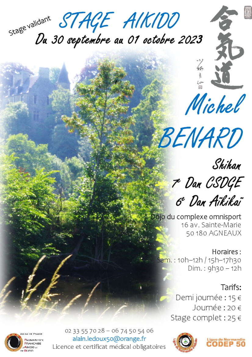 Affiche du Stage d'Aïkido à Agneaux animé par Michel Benard du samedi 30 septembre 2023 au dimanche 1 octobre 2023