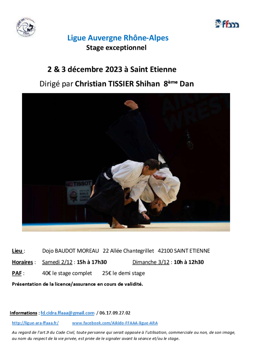 Affiche du Stage d'Aïkido à Saint-Étienne animé par Christian Tissier du samedi 2 décembre 2023 au dimanche 3 décembre 2023