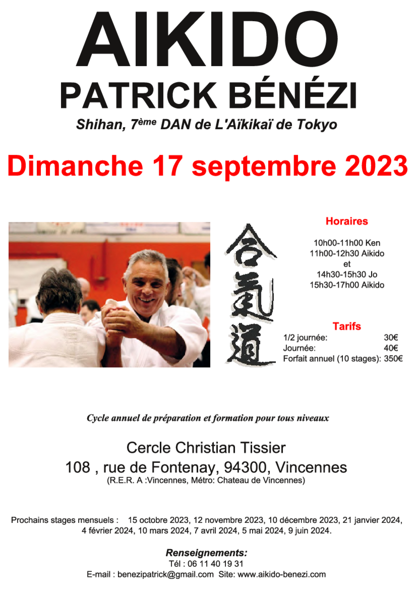 Affiche du Stage d'Aïkido à Vincennes animé par Patrick Benezi le dimanche 17 septembre 2023