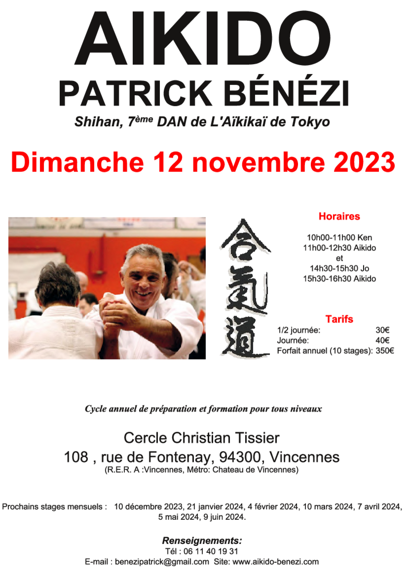 Affiche du Stage d'Aïkido à Vincennes animé par Patrick Benezi le dimanche 12 novembre 2023