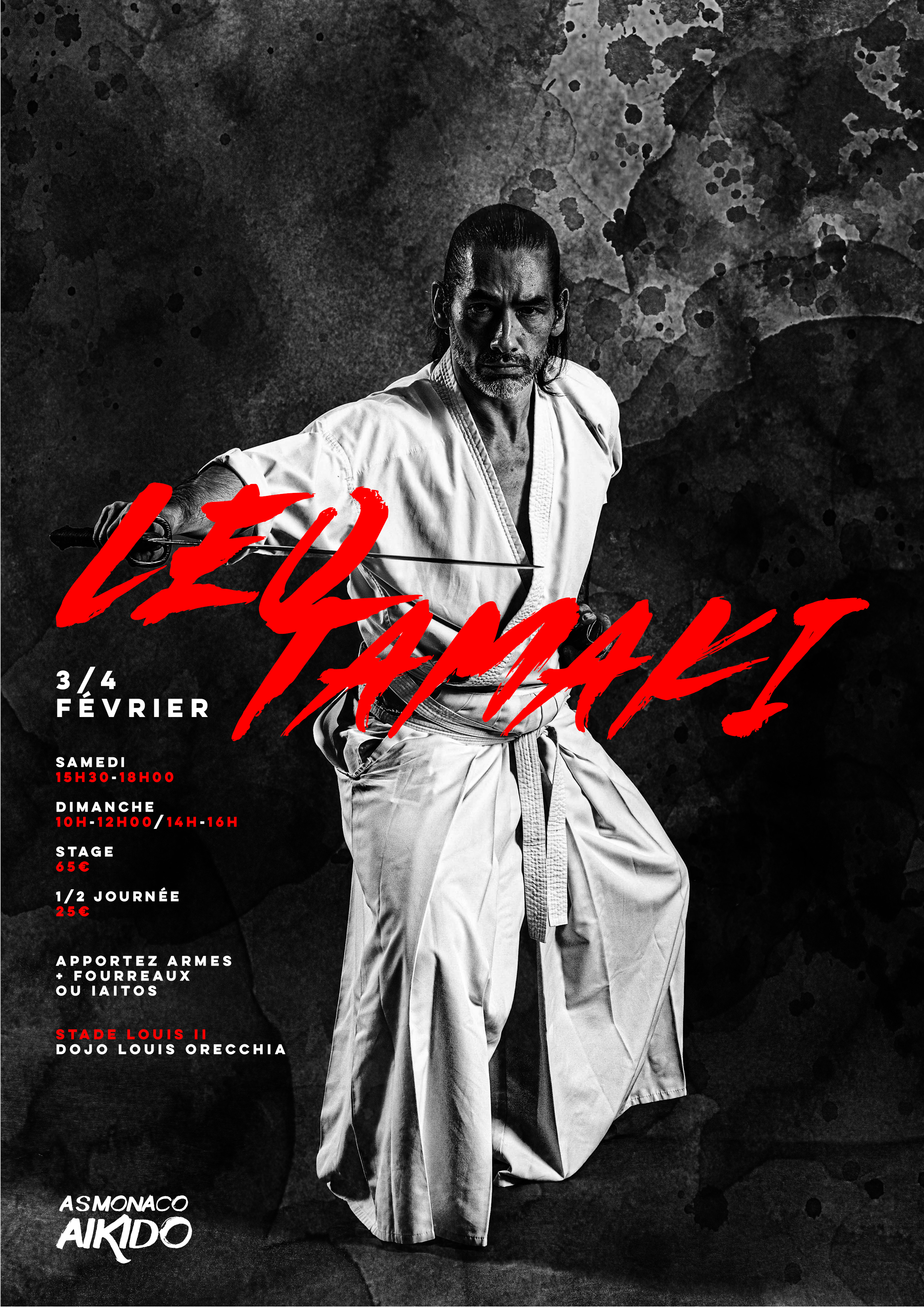 Affiche du Stage d'Aïkido à Monaco animé par Léo Tamaki du samedi 3 février 2024 au dimanche 4 février 2024