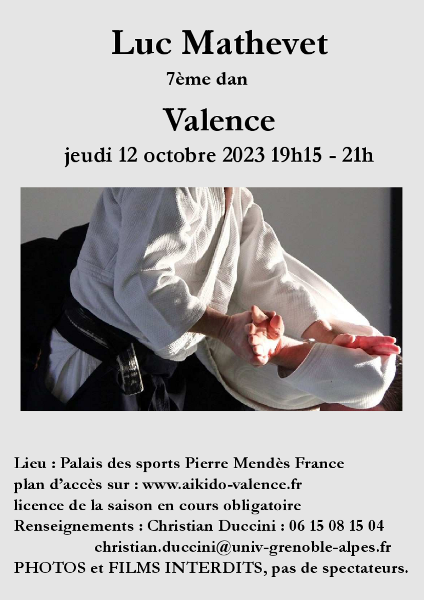 Affiche du Stage d'Aïkido à Valence animé par Luc Mathevet le jeudi 12 octobre 2023