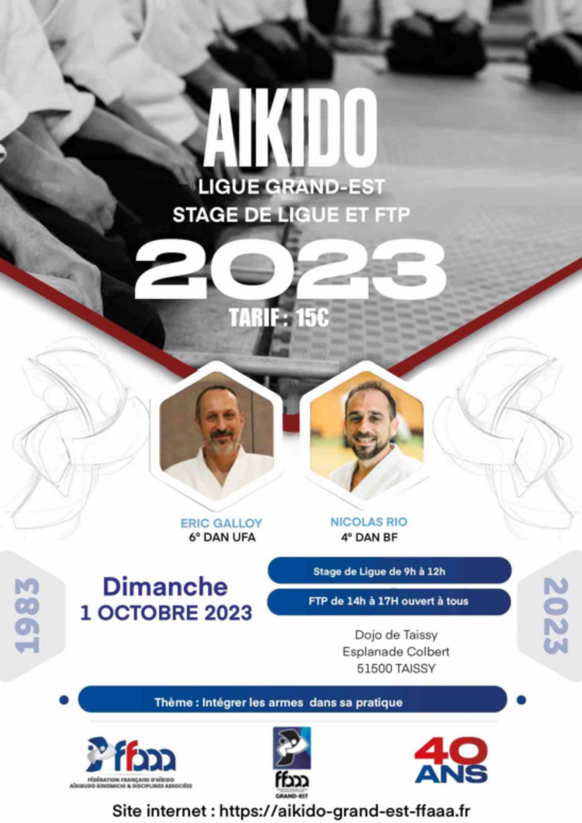 Affiche du Stage d'Aïkido à Taissy animé par Eric Galloy et Nicolas Rio le dimanche 1 octobre 2023