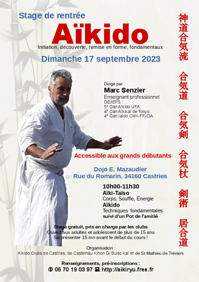 Affiche du Stage d'Aïkido à Castries animé par Marc Senzier le dimanche 17 septembre 2023