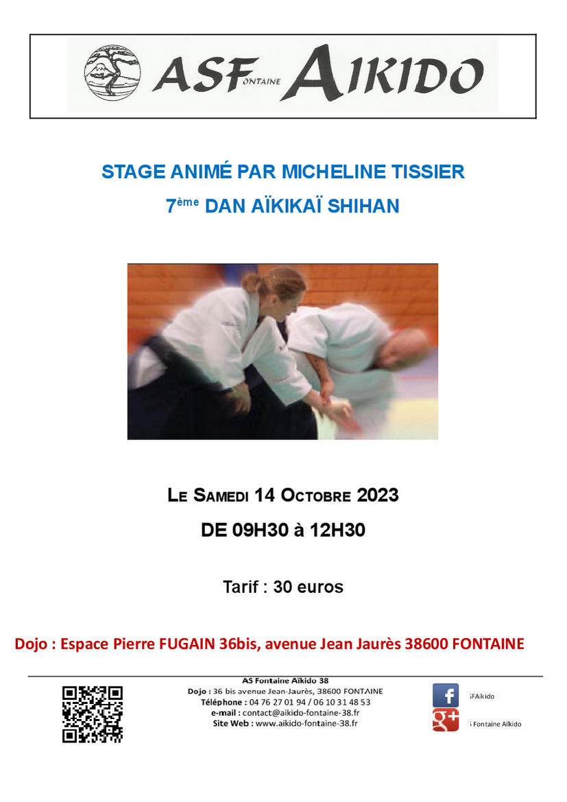 Affiche du Stage d'Aïkido à Fontaine animé par Micheline Vaillant-Tissier le samedi 14 octobre 2023