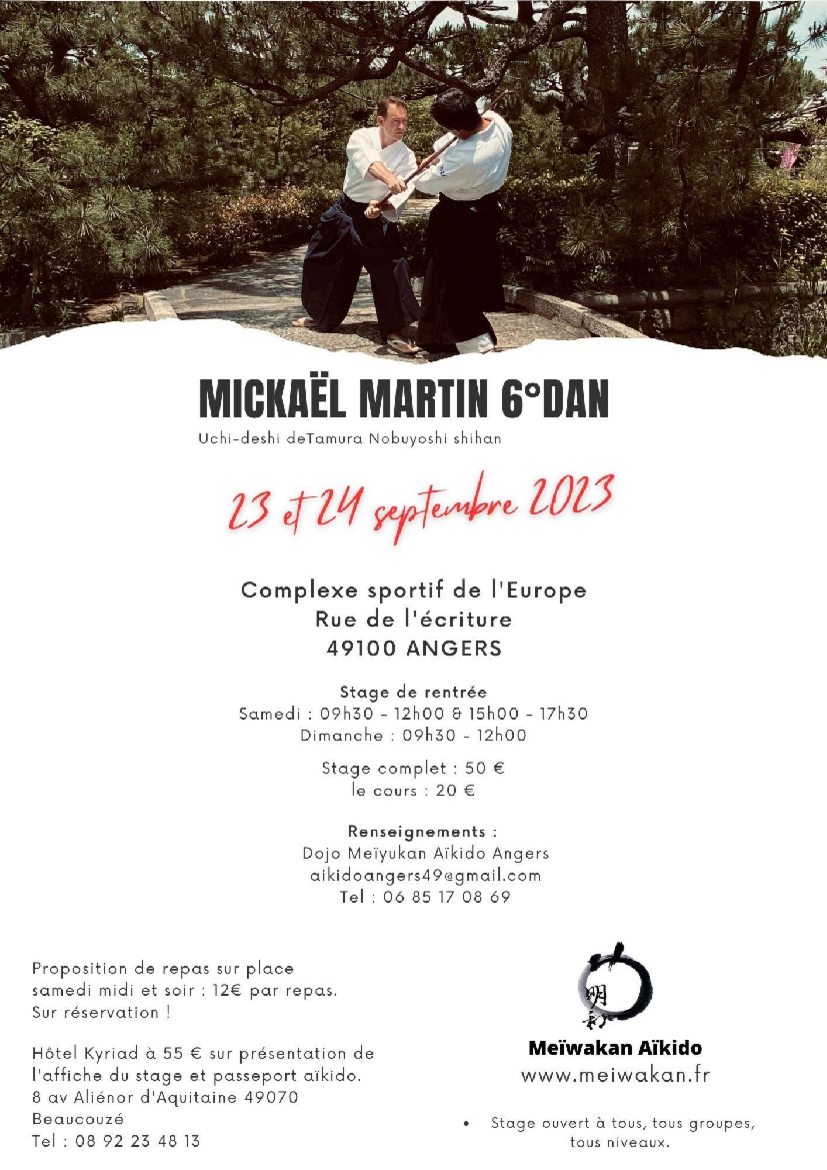 Affiche du Stage d'Aïkido à Angers animé par Mickaël Martin du samedi 23 septembre 2023 au dimanche 24 septembre 2023