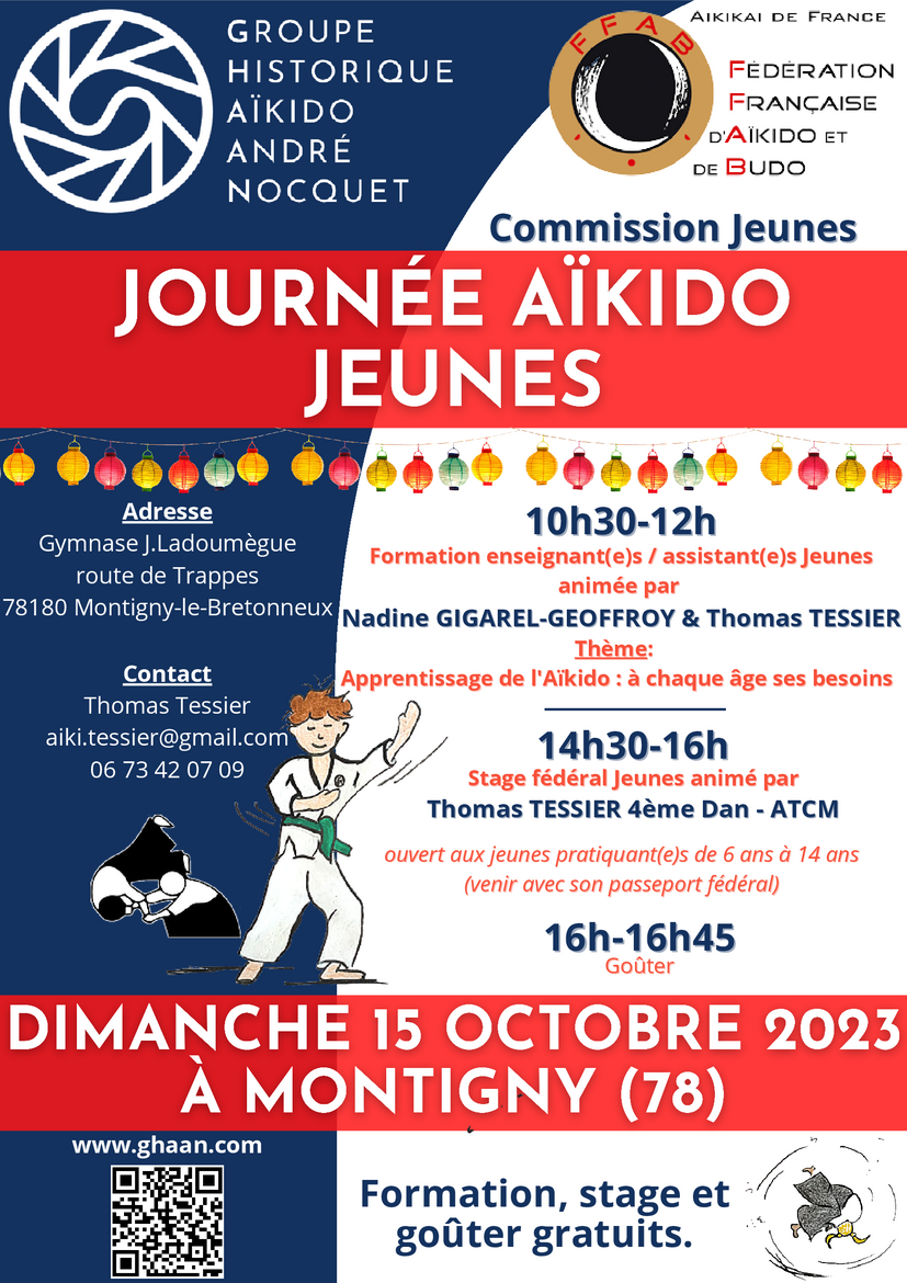 Affiche du Stage d'Aïkido à Montigny-le-Bretonneux animé par Thomas Tessier et Nadine Gigarel-Geoffroy le dimanche 15 octobre 2023