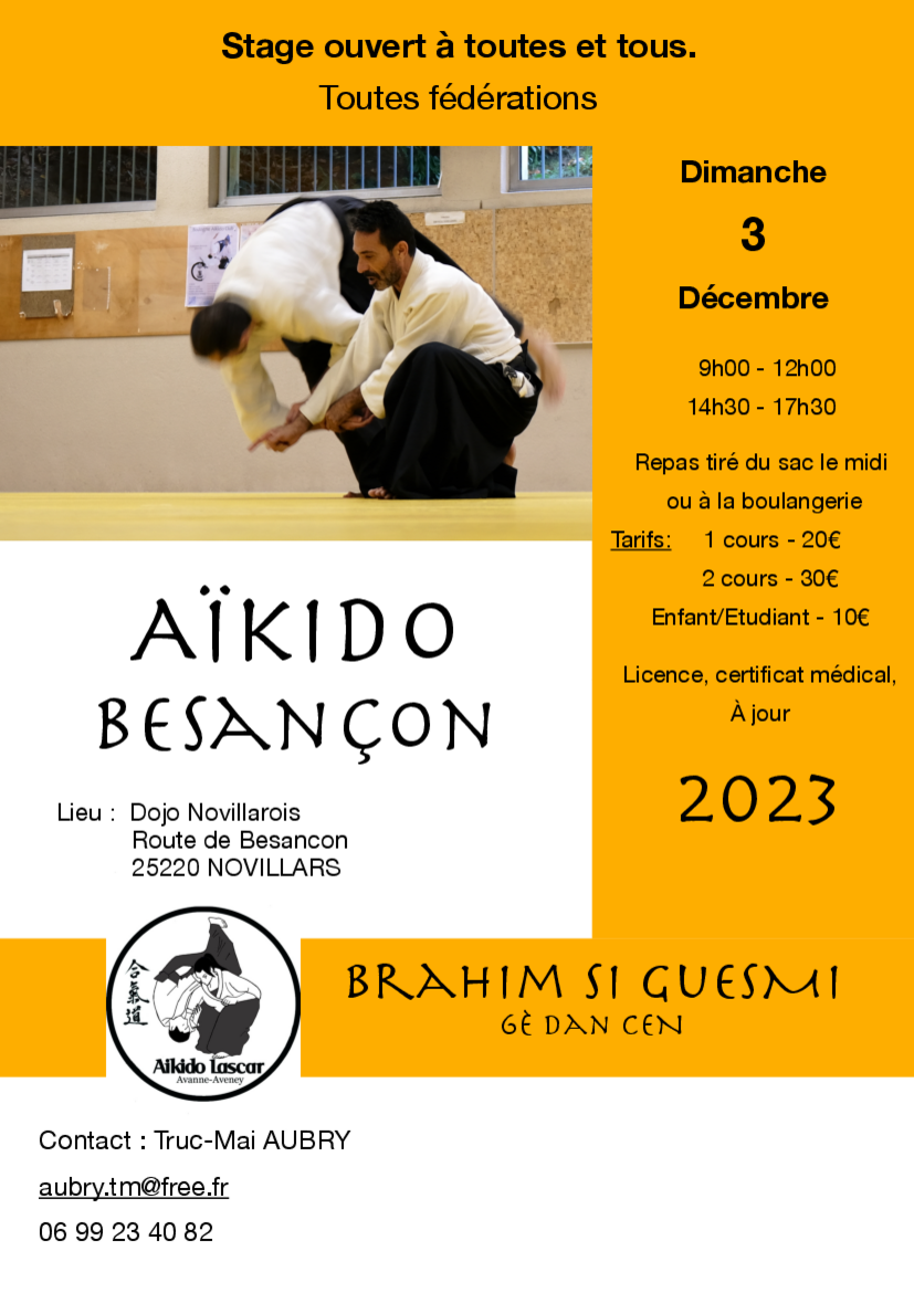 Affiche du Stage d'Aïkido à Novillars animé par Brahim Si Guesmi le dimanche 3 décembre 2023