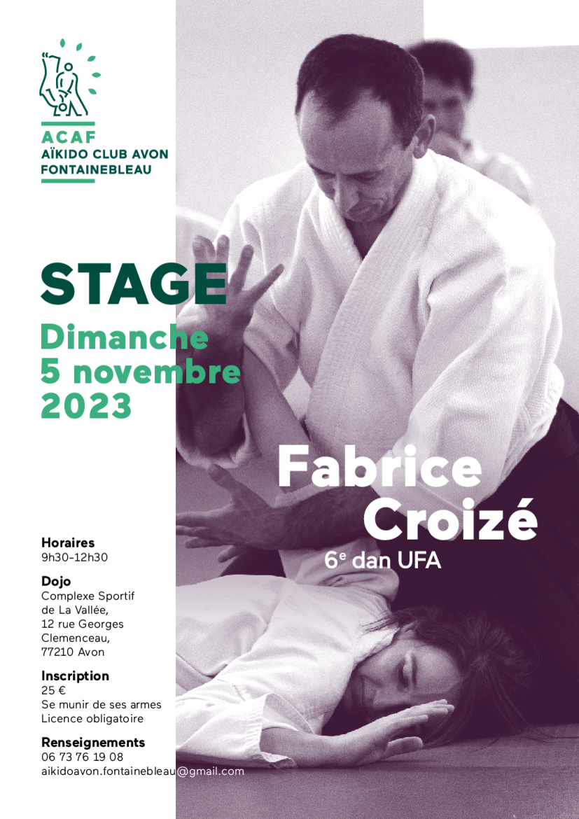 Affiche du Stage d'Aïkido à Avon animé par Fabrice Croizé le dimanche 5 novembre 2023