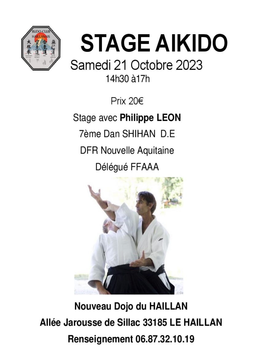Affiche du Stage d'Aïkido à Le Haillan animé par Philippe Léon le samedi 21 octobre 2023