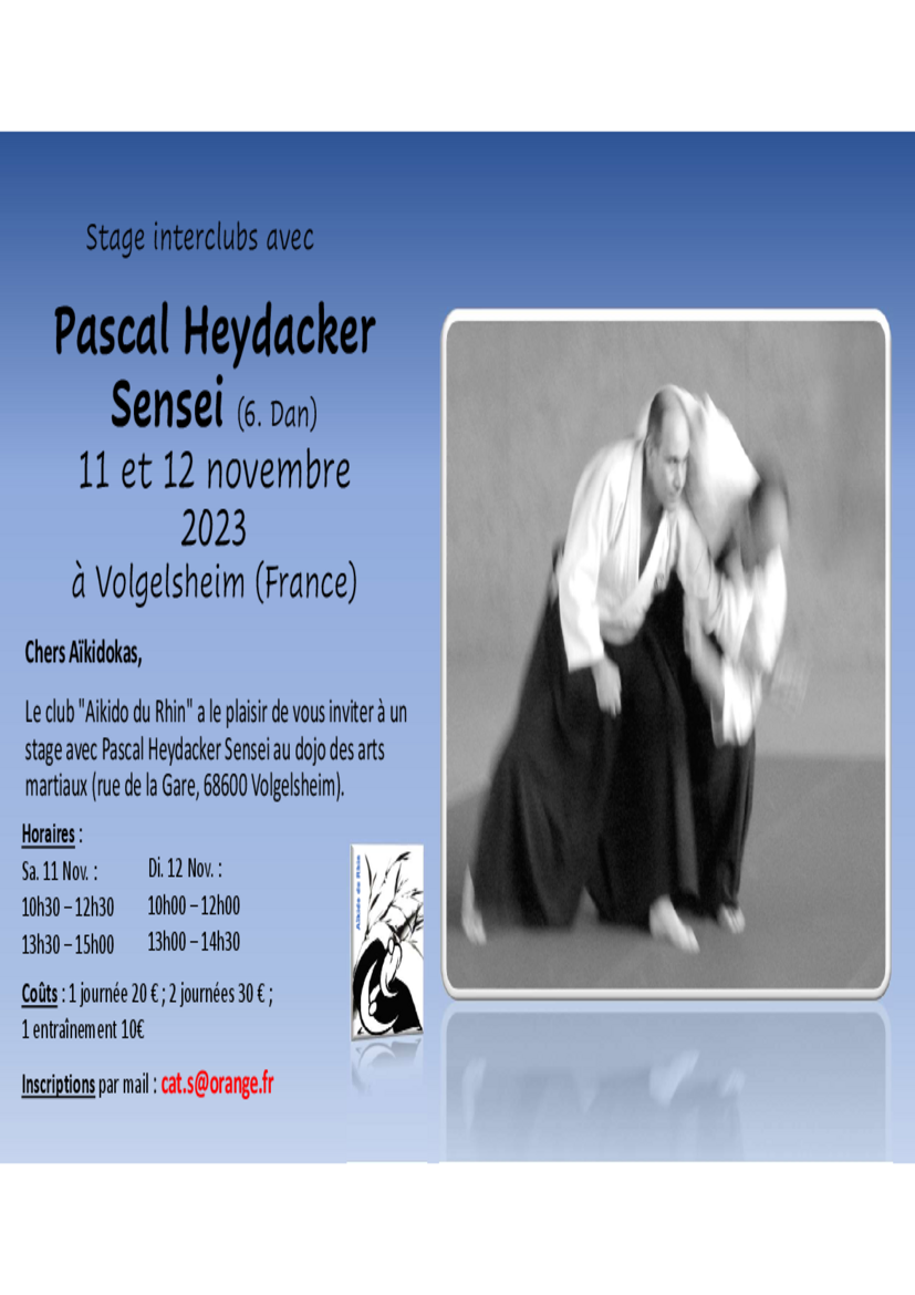 Affiche du Stage d'Aïkido à Volgelsheim animé par Pascal Heydacker du samedi 11 novembre 2023 au dimanche 12 novembre 2023