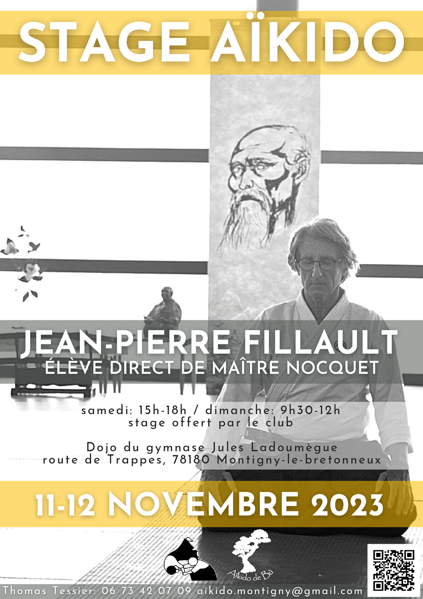 Affiche du Stage d'Aïkido à Montigny-le-Bretonneux animé par Jean-Pierre Fillault du samedi 11 novembre 2023 au dimanche 12 novembre 2023