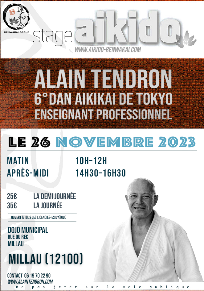 Affiche du Stage d'Aïkido à Millau animé par Alain Tendron le dimanche 26 novembre 2023