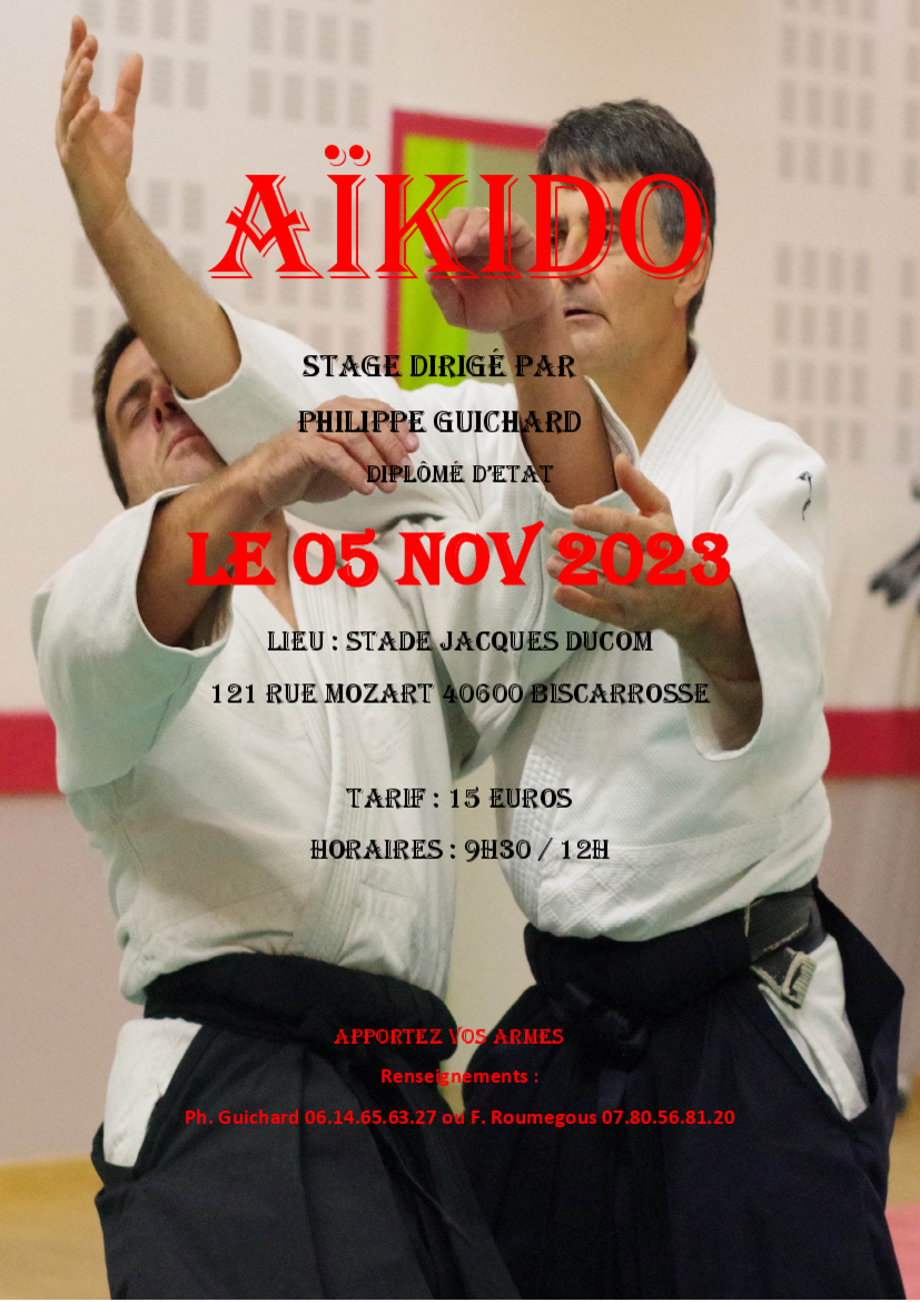 Affiche du Stage d'Aïkido à Biscarrosse animé par Philippe Guichard le dimanche 5 novembre 2023