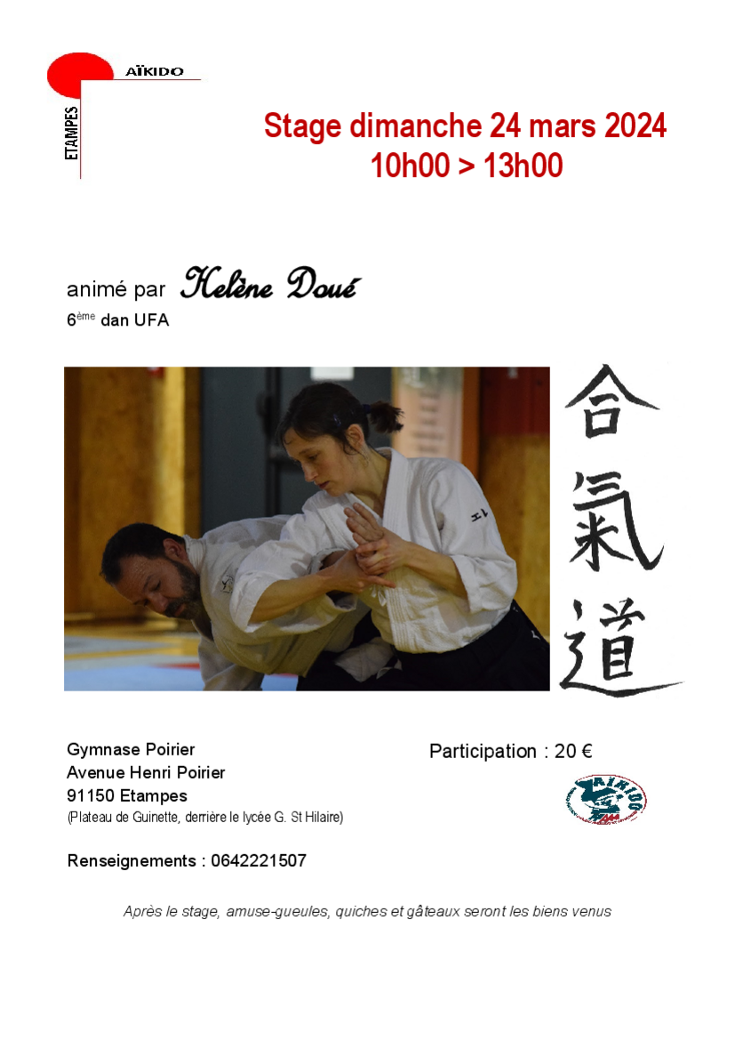 Affiche du Stage d'Aïkido à Étampes animé par Hélène Doué le dimanche 24 mars 2024