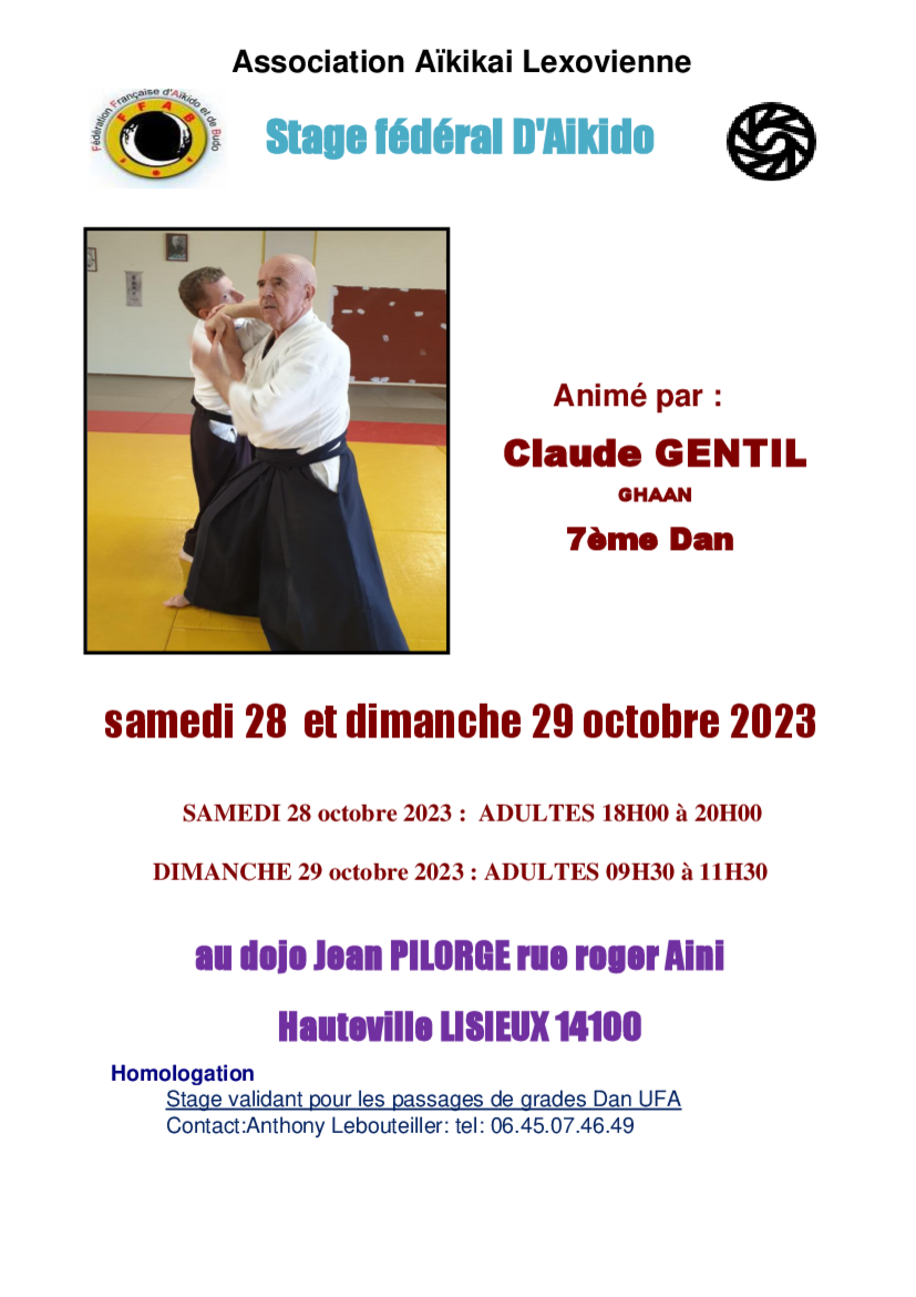 Affiche du Stage d'Aïkido à Lisieux animé par Claude Gentil du samedi 28 octobre 2023 au dimanche 29 octobre 2023