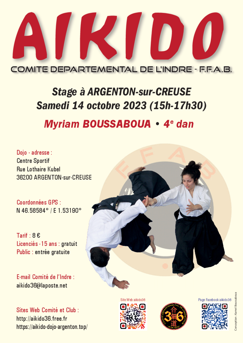 Affiche du Stage d'Aïkido à Argenton-sur-Creuse animé par Myriam Boussaboua le samedi 14 octobre 2023