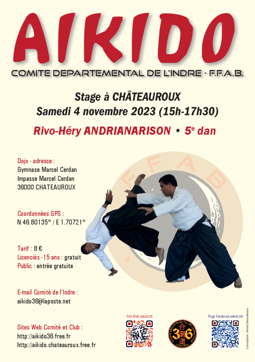 Affiche du Stage d'Aïkido à Châteauroux animé par Rivo-Héry Andrianarison le samedi 4 novembre 2023