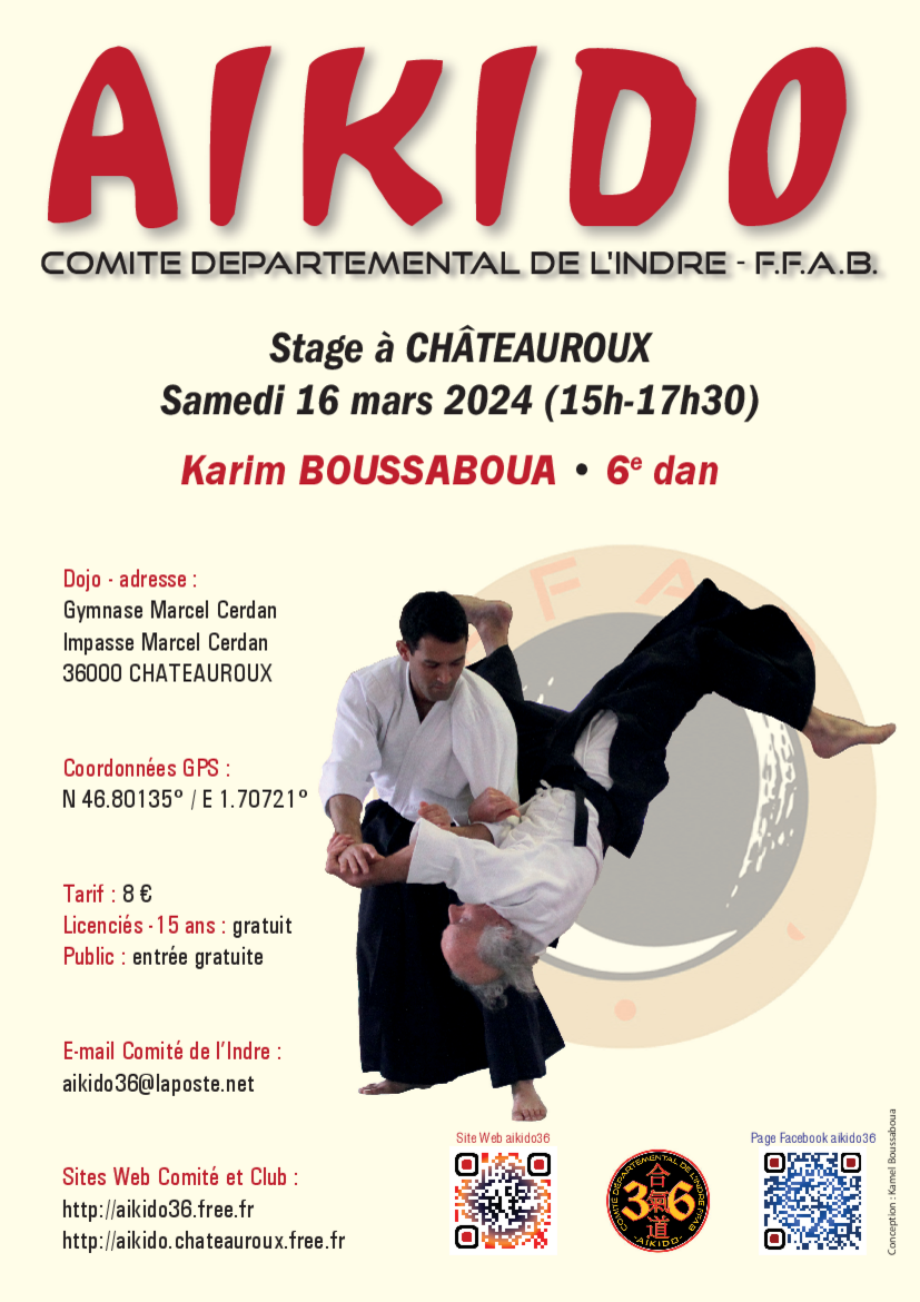 Affiche du Stage d'Aïkido à Châteauroux animé par Karim Boussaboua le samedi 16 mars 2024