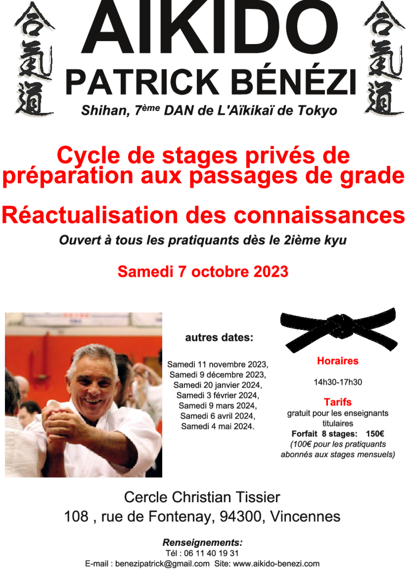 Affiche du Stage d'Aïkido à Vincennes animé par Patrick Benezi le samedi 7 octobre 2023