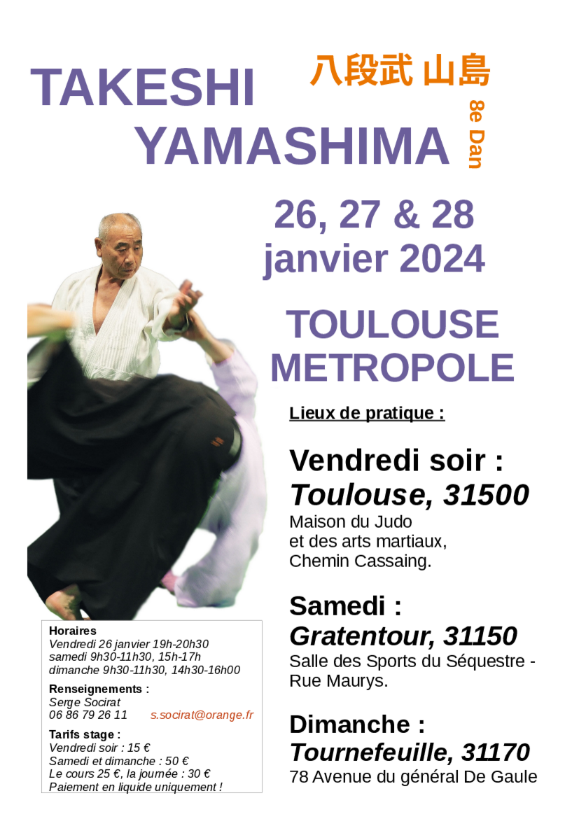 Affiche du Stage d'Aïkido à Occitanie animé par Takeshi Yamashima du vendredi 26 janvier 2024 au dimanche 28 janvier 2024