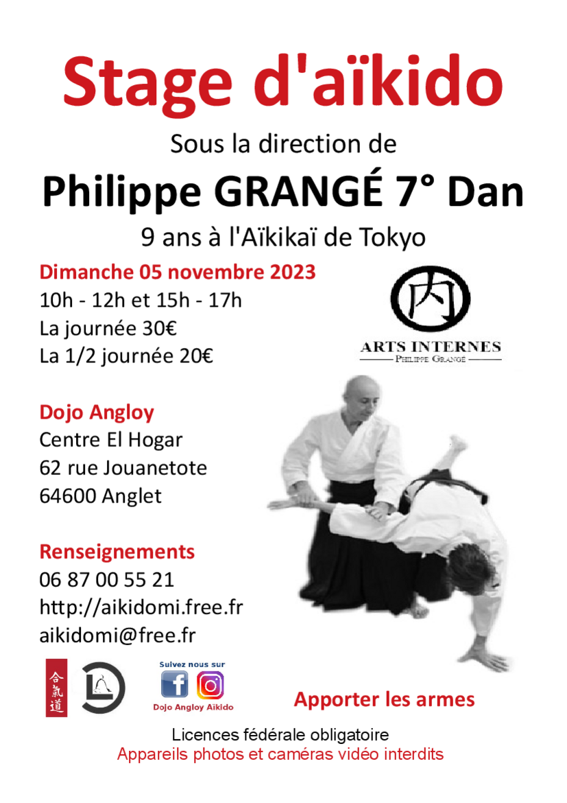 Affiche du Stage d'Aïkido à Anglet animé par Philippe Grangé le dimanche 5 novembre 2023