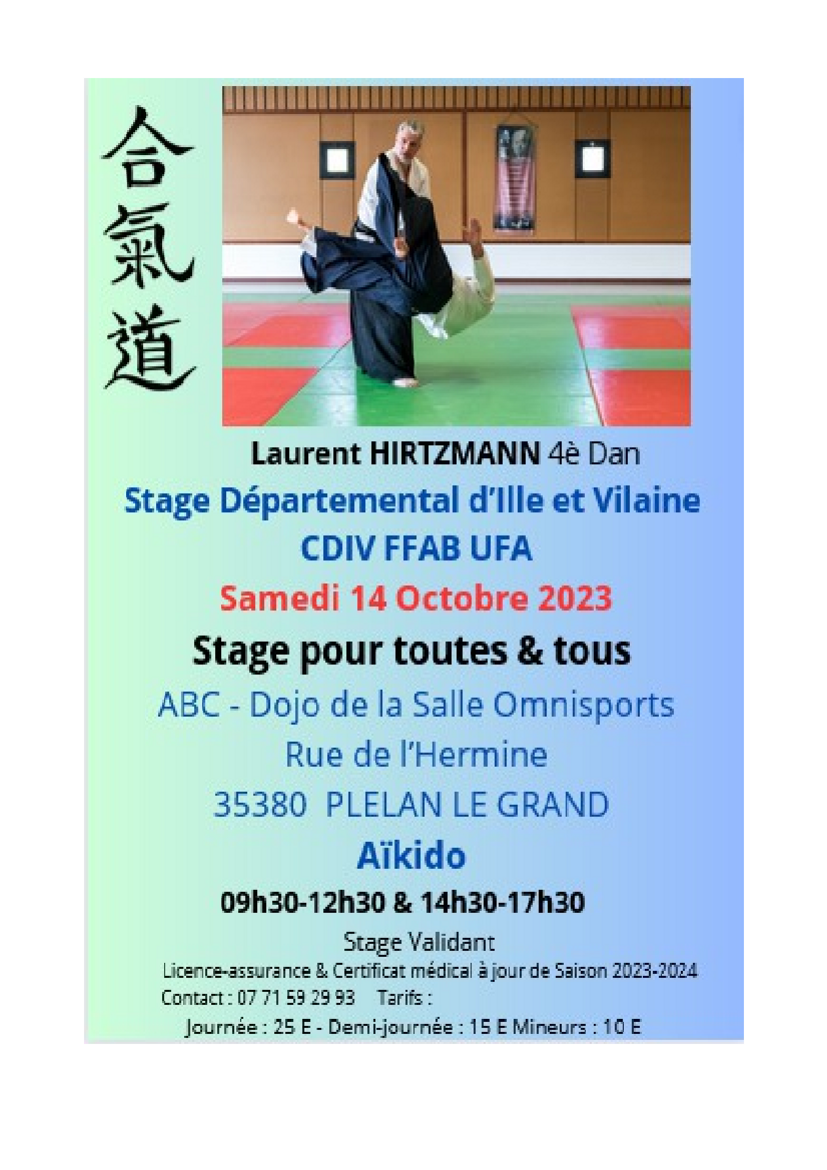 Affiche du Stage d'Aïkido à Plélan-le-Grand animé par Laurent Hirtzmamn le samedi 14 octobre 2023