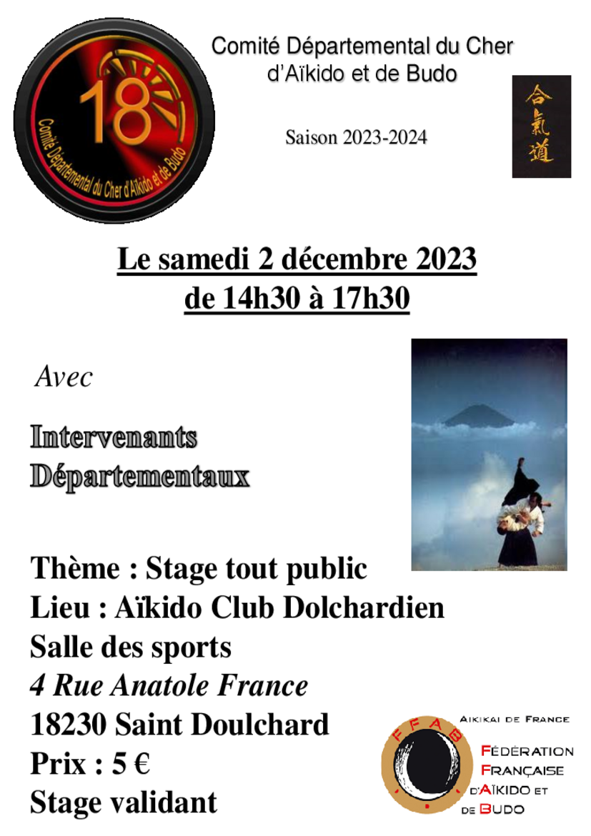 Affiche du Stage d'Aïkido à Saint-Doulchard animé par Intervenants Départementaux le samedi 2 décembre 2023