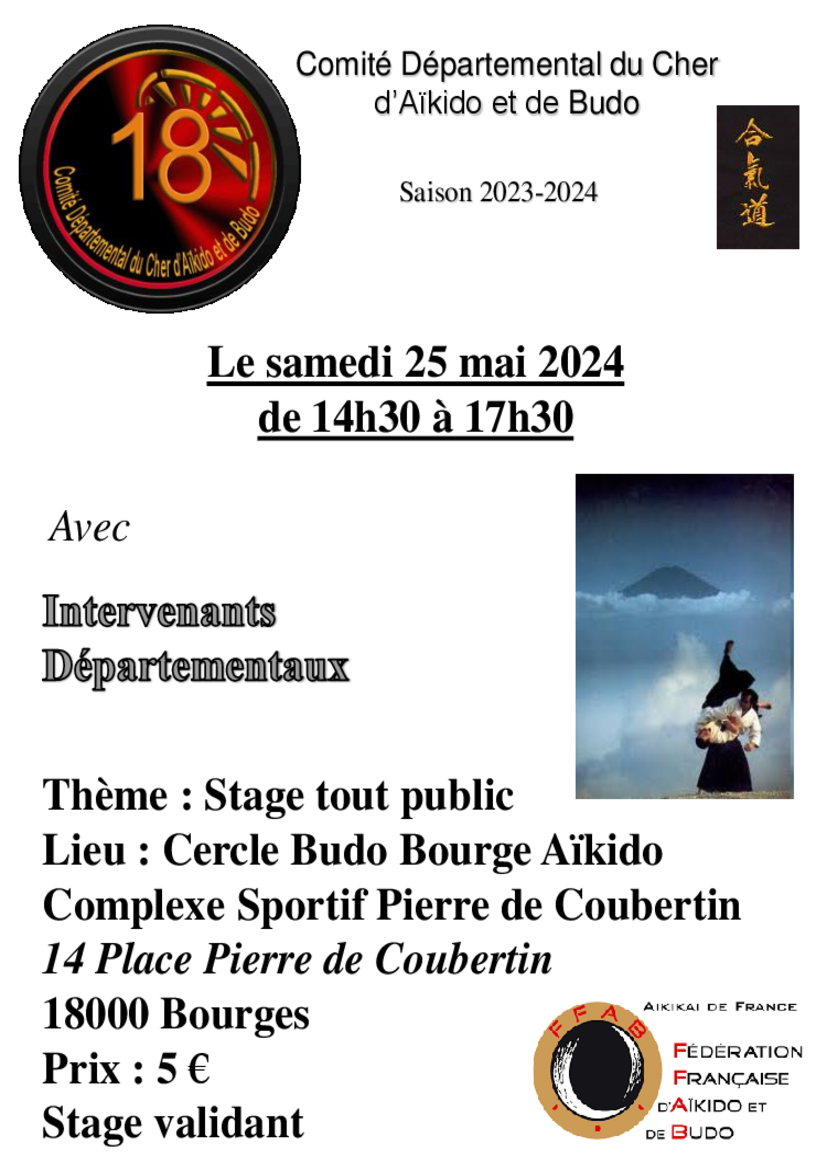 Affiche du Stage d'Aïkido à Bourges animé par Intervenants Départementaux le samedi 25 mai 2024