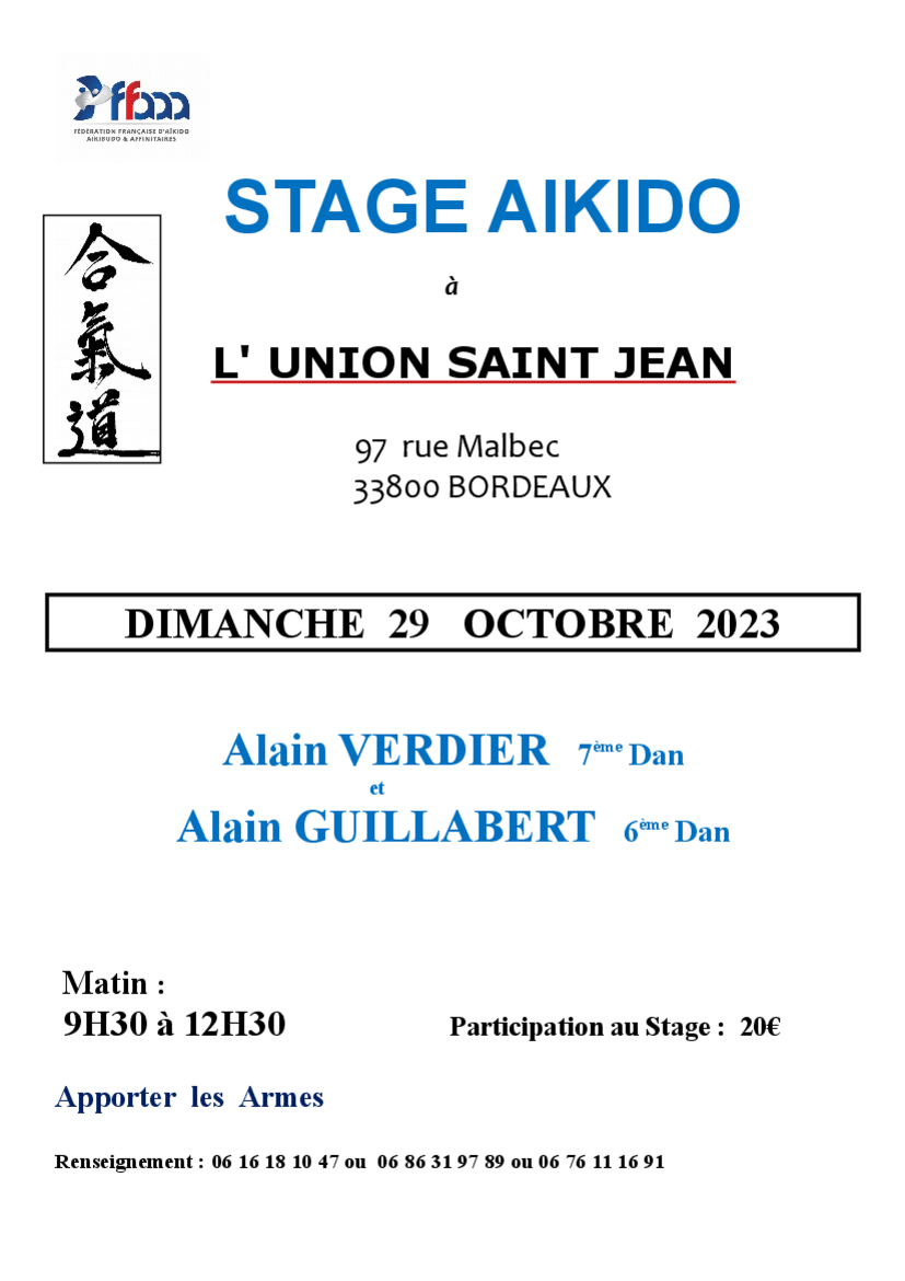 Affiche du Stage d'Aïkido à Bordeaux animé par Alain Verdier et Alain Guillabert le dimanche 29 octobre 2023