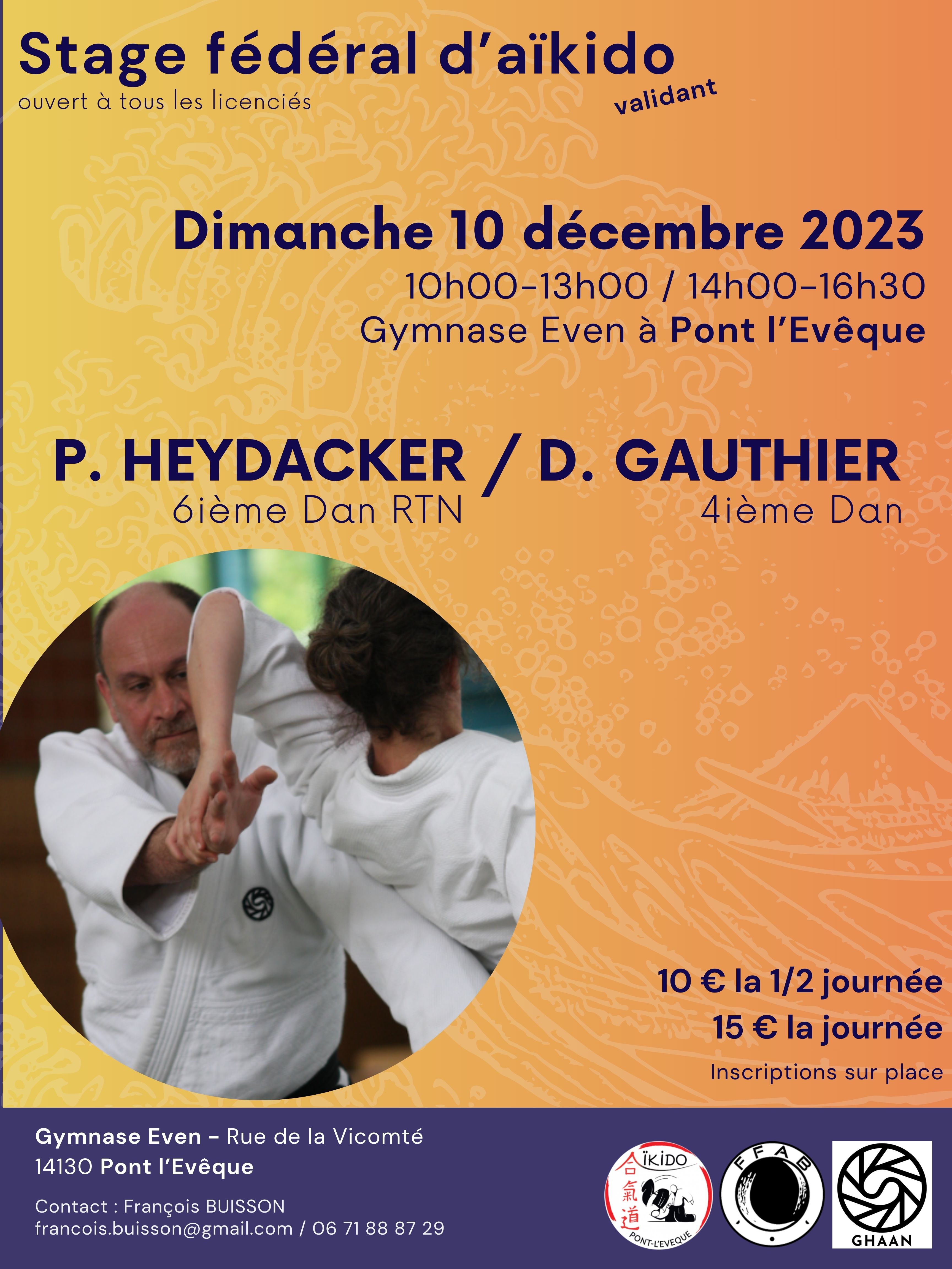 Affiche du Stage d'Aïkido à Pont-l'Évêque animé par Pascal Heydacker le dimanche 10 décembre 2023