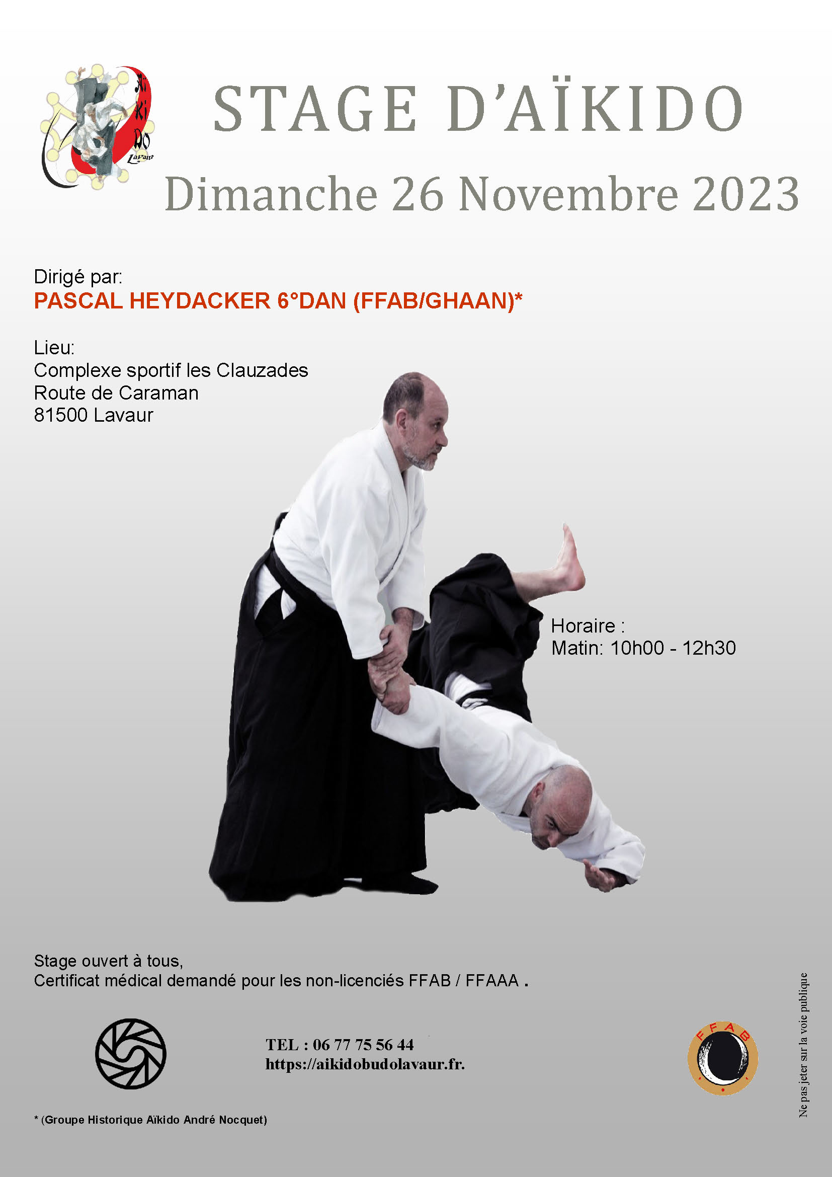 Affiche du Stage d'Aïkido à Lavaur animé par Pascal Heydacker le dimanche 26 novembre 2023