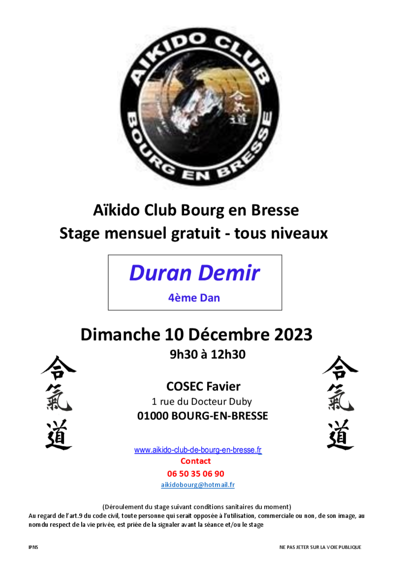 Affiche du Stage d'Aïkido à Bourg-en-Bresse animé par Duran DEMIR le dimanche 10 décembre 2023