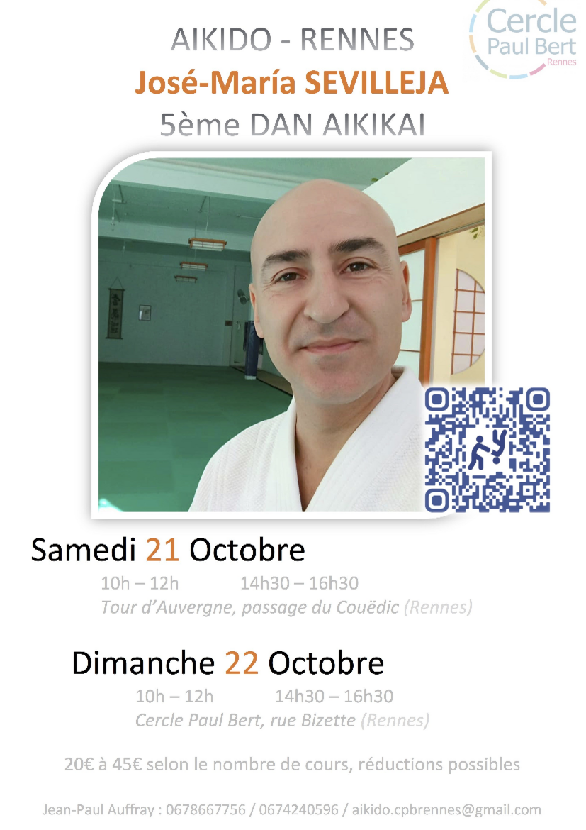 Affiche du Stage d'Aïkido à Rennes animé par José Sevilleja le dimanche 22 octobre 2023