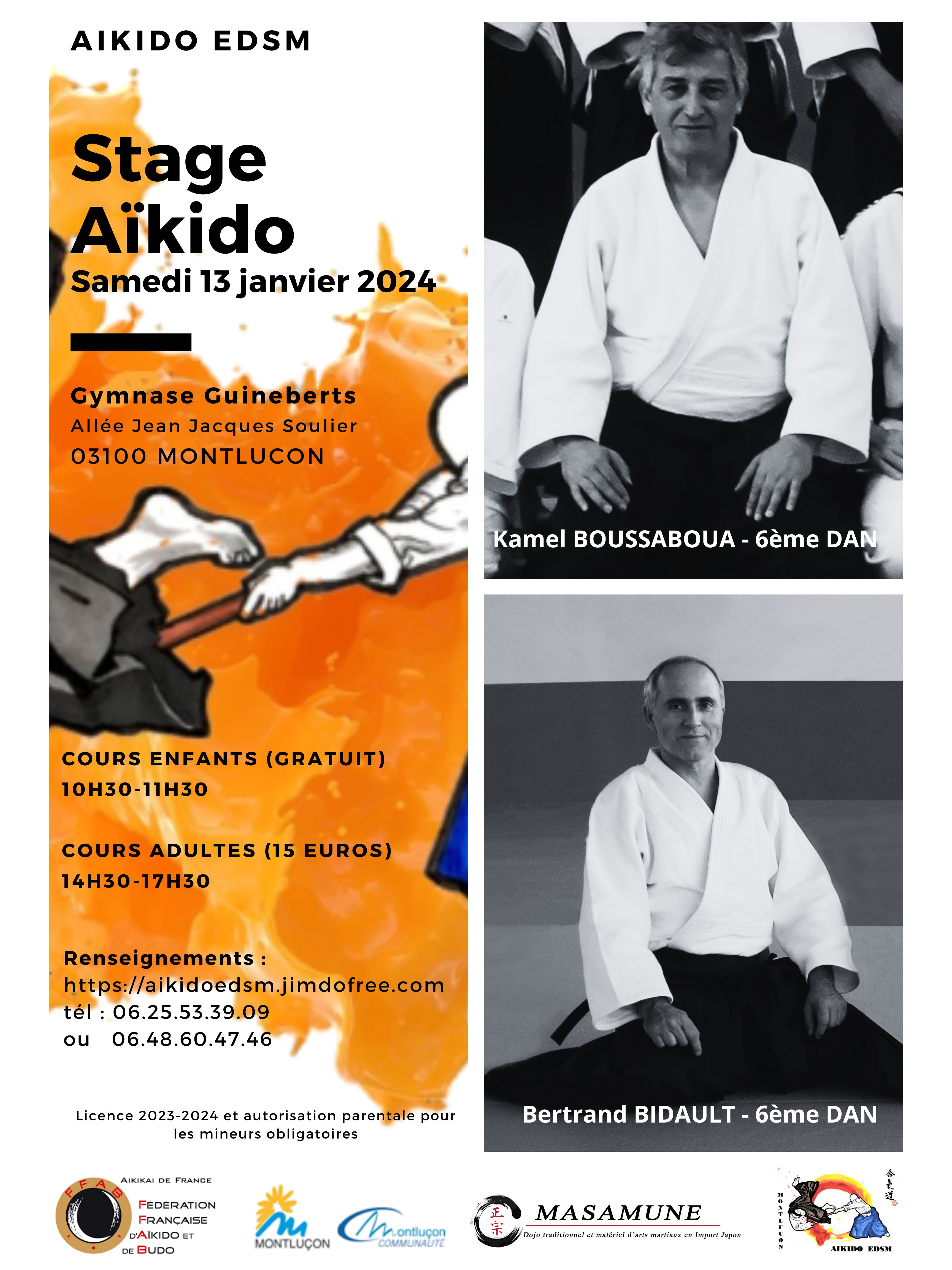 Affiche du Stage d'Aïkido à Montluçon animé par Kamel Boussaboua et Bertrand Bidault le samedi 13 janvier 2024