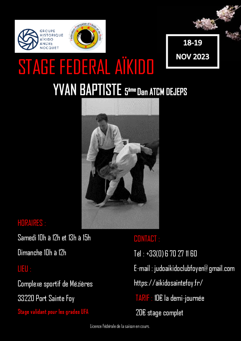 Affiche du Stage d'Aïkido à Port-Sainte-Foy-et-Ponchapt animé par Yvan Baptiste du samedi 18 novembre 2023 au dimanche 19 novembre 2023