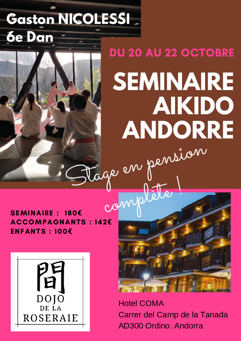 Affiche du Stage d'Aïkido à Ordino animé par Gaston Nicolessi le samedi 21 octobre 2023