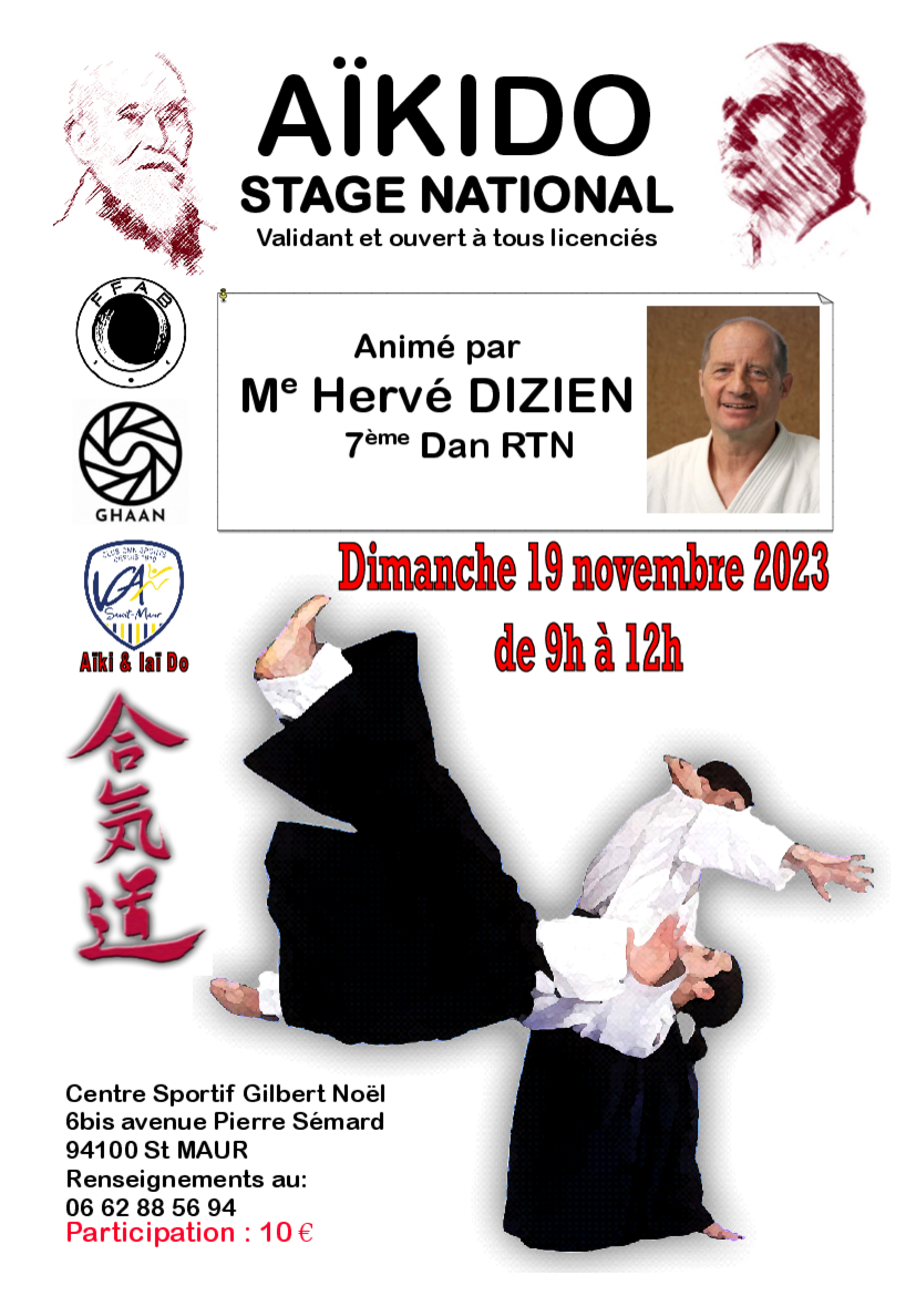 Affiche du Stage d'Aïkido à Saint-Maur-des-Fossés animé par Hervé Dizien le dimanche 19 novembre 2023