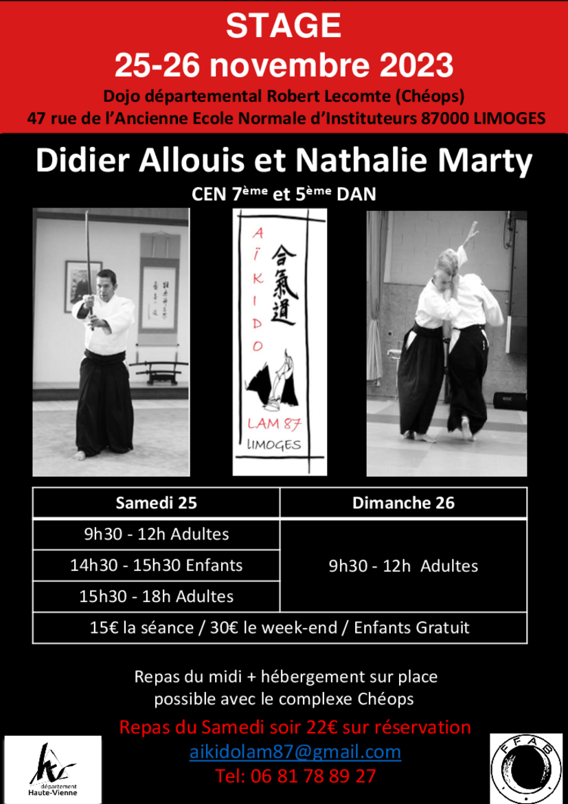 Affiche du Stage d'Aïkido à Limoges animé par Didier Allouis et Nathalie Marty du samedi 25 novembre 2023 au dimanche 26 novembre 2023