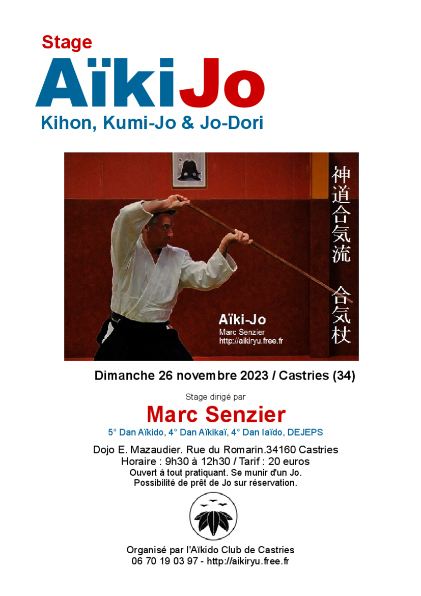 Affiche du Stage d'Aïkido à Castries animé par Marc Senzier le dimanche 26 novembre 2023
