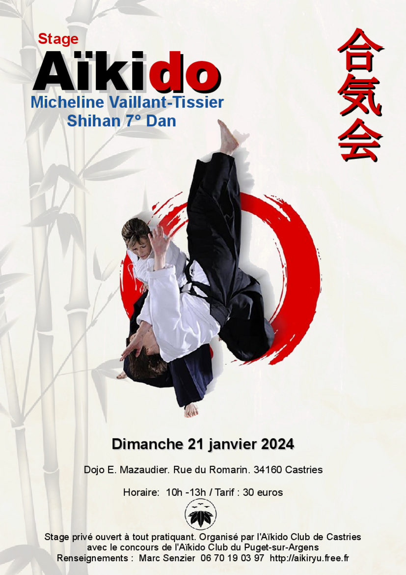 Affiche du Stage d'Aïkido à Castries animé par Micheline Vaillant-Tissier le dimanche 21 janvier 2024