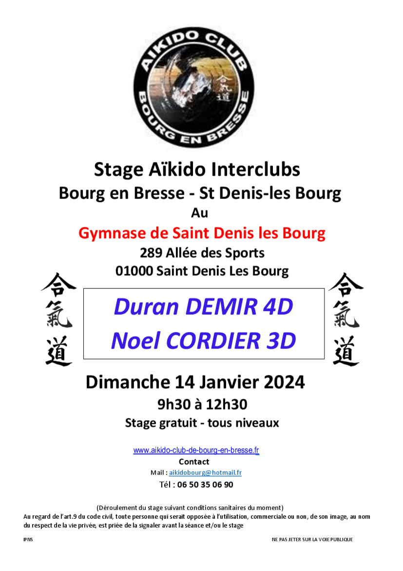 Affiche du Stage d'Aïkido à Saint-Denis-lès-Bourg animé par Duran DEMIR et Noel CORDIER le dimanche 14 janvier 2024