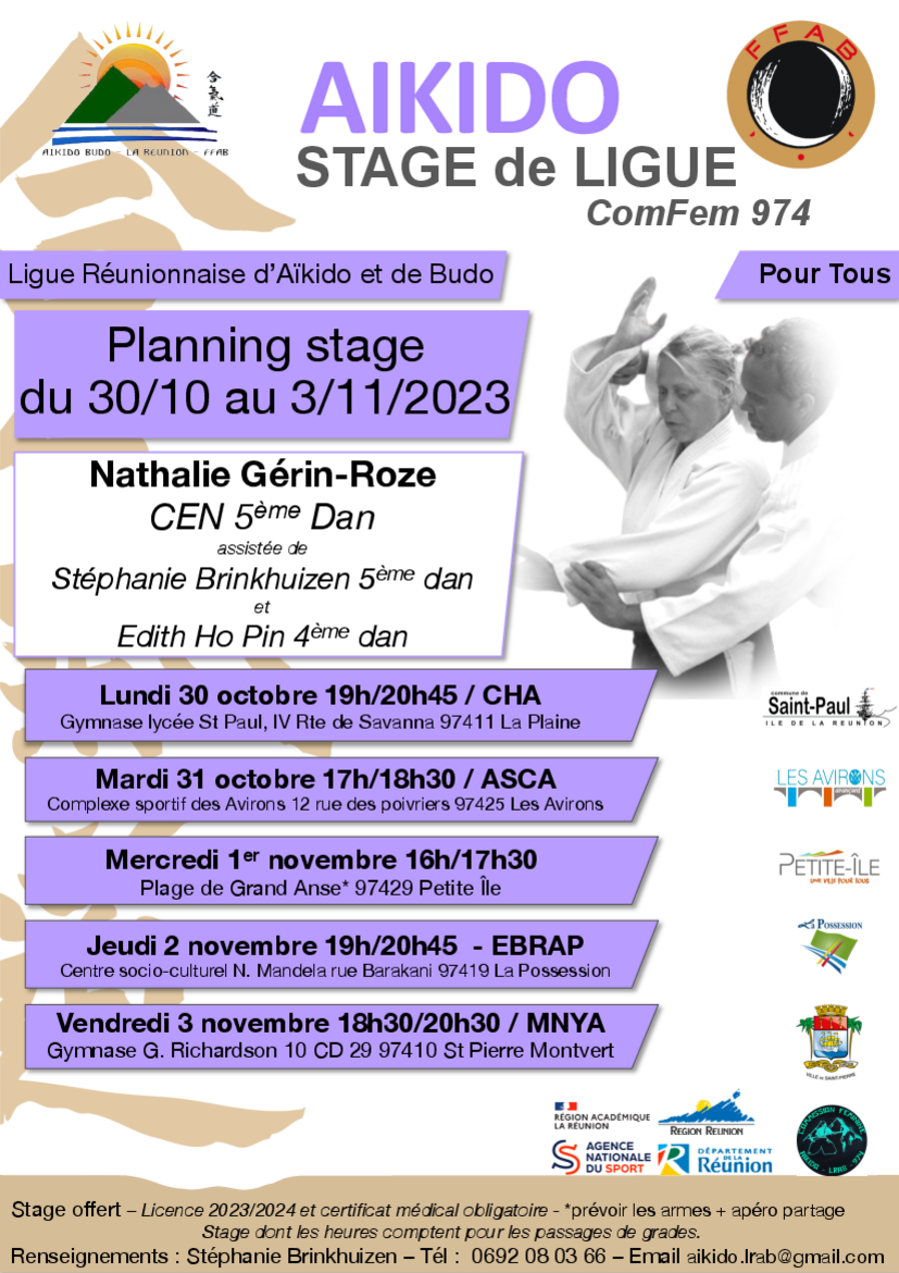 Affiche du Stage d'Aïkido à La Réunion animé par Stéphanie Brinkhuizen du mardi 31 octobre 2023 au samedi 4 novembre 2023