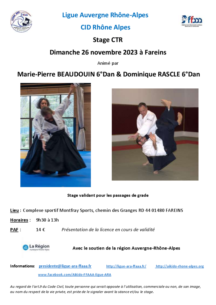 Affiche du Stage d'Aïkido à Fareins animé par Dominique Rascle et Marie-Pierre BEAUDOUIN le dimanche 26 novembre 2023