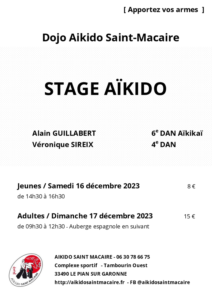 Affiche du Stage d'Aïkido à Le Pian-sur-Garonne animé par Alain Guillabert et Véronique Sireix le samedi 16 décembre 2023