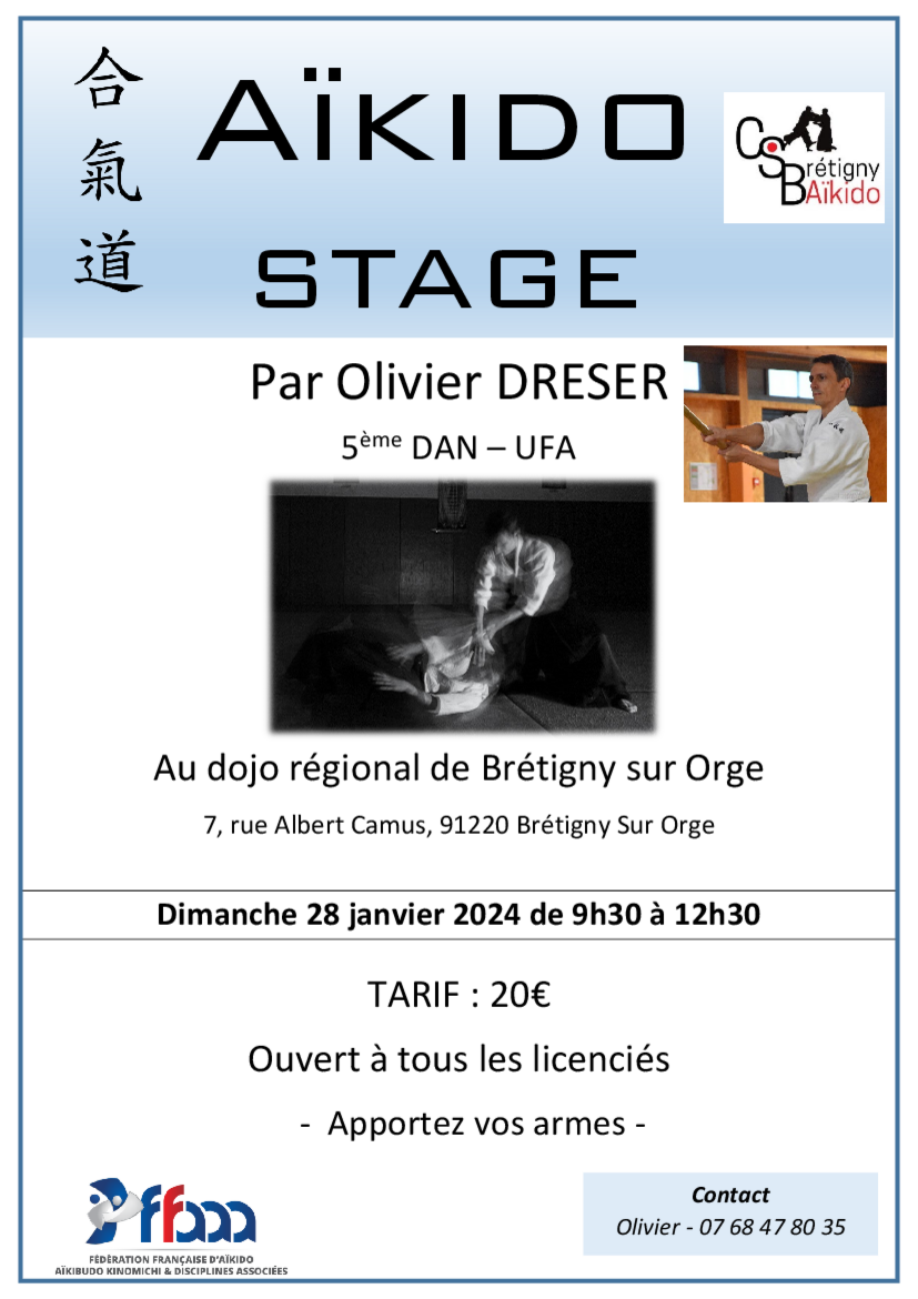 Affiche du Stage d'Aïkido à Brétigny-sur-Orge animé par Olivier Dreser le dimanche 28 janvier 2024