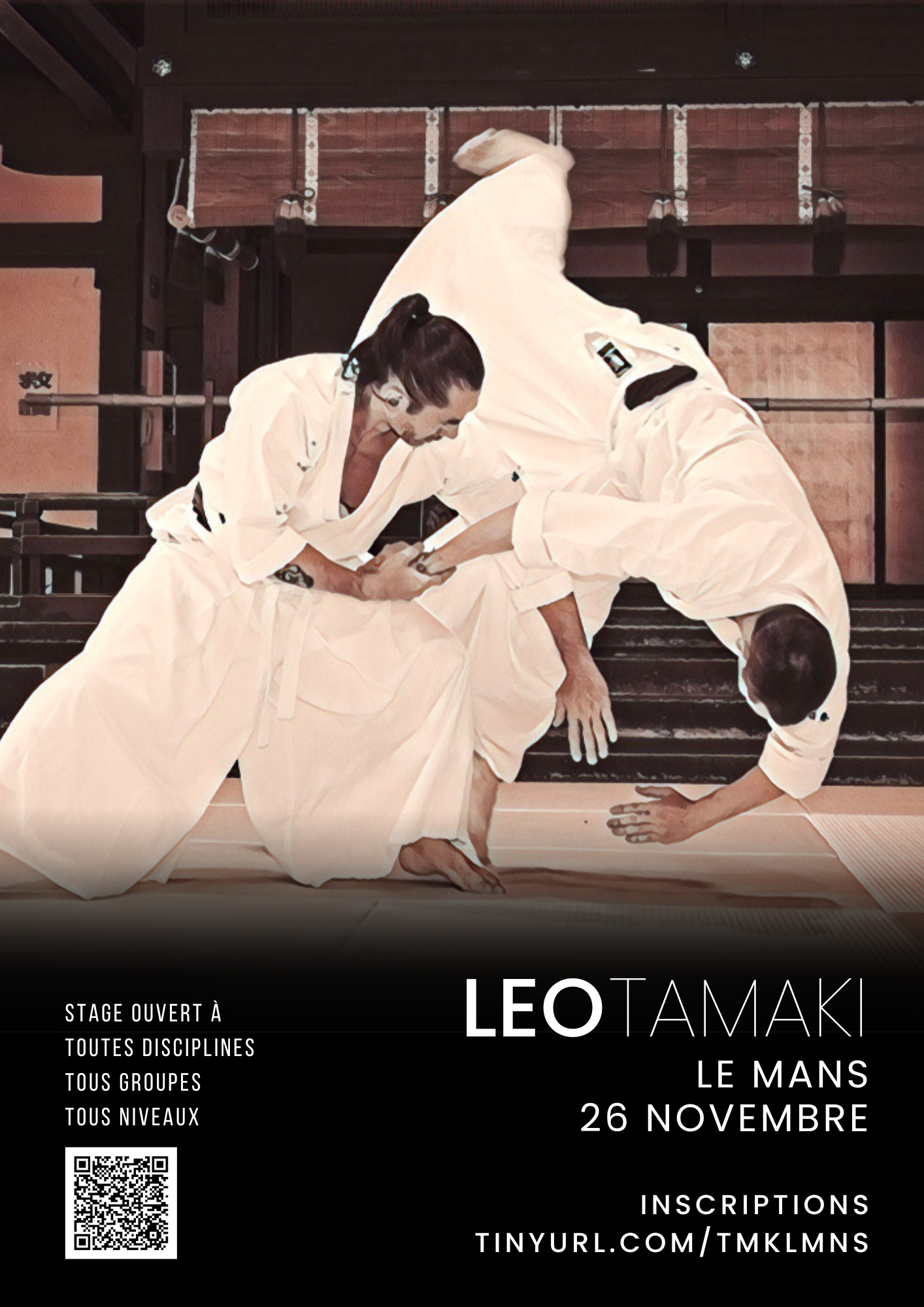 Affiche du Stage d'Aïkido à La Milesse animé par Léo Tamaki le dimanche 26 novembre 2023