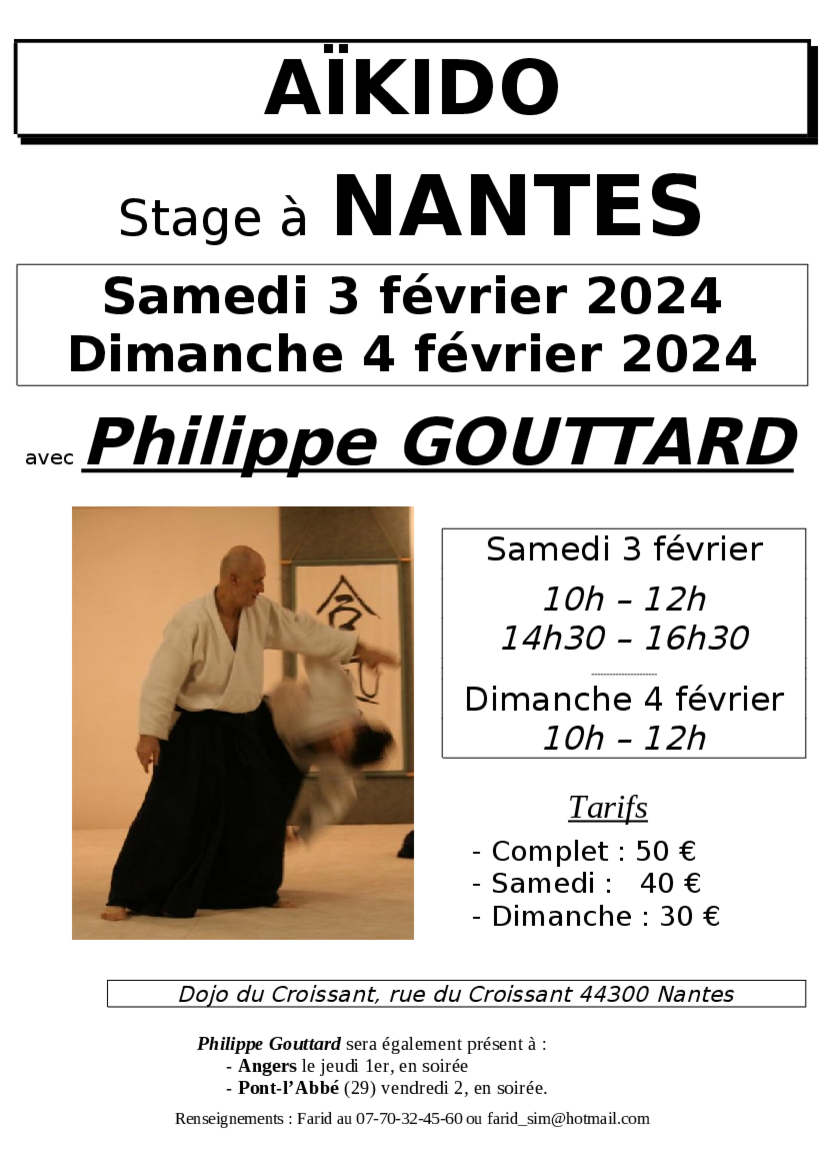 Affiche du Stage d'Aïkido à Nantes animé par Philippe Gouttard du samedi 3 février 2024 au dimanche 4 février 2024