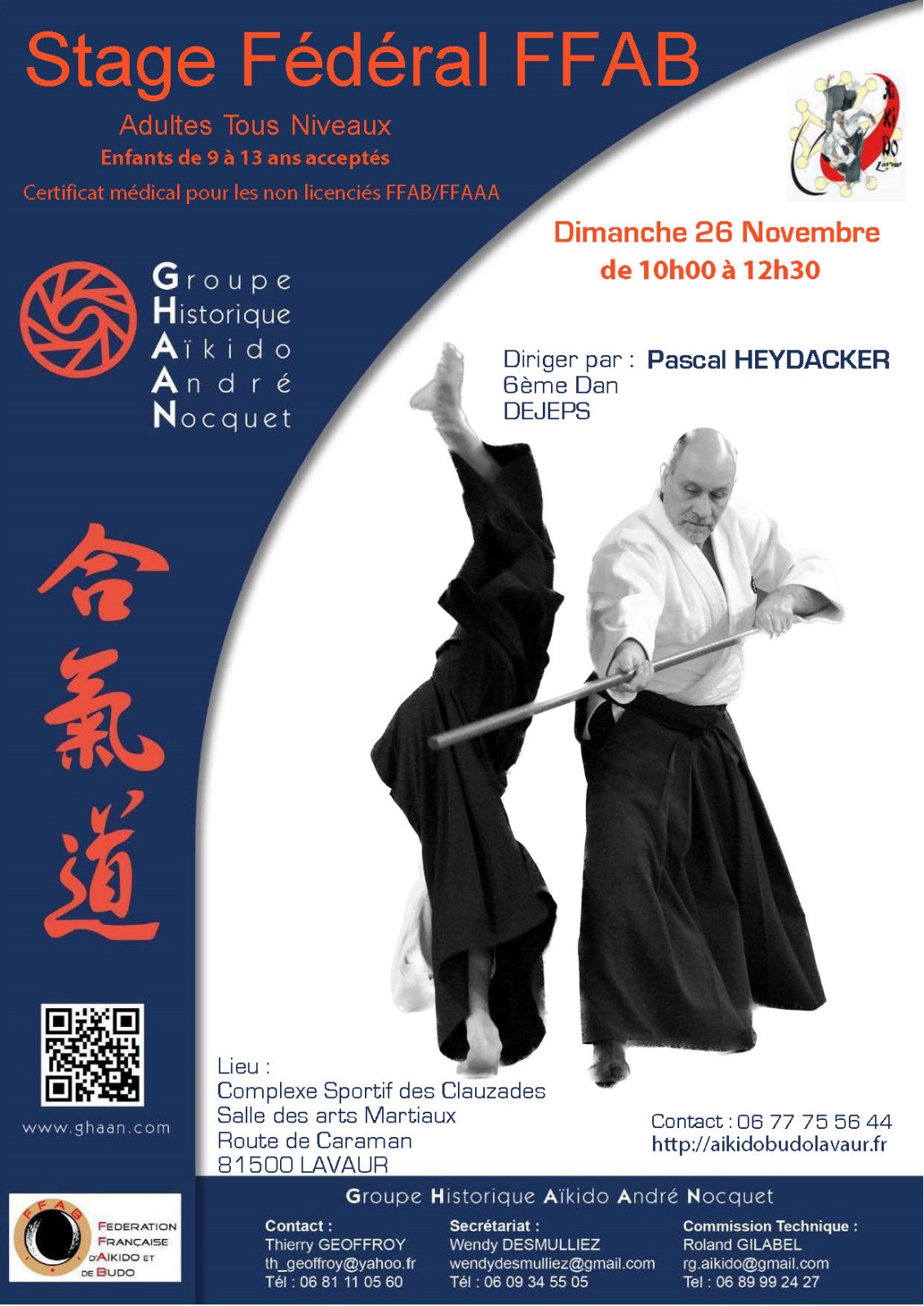 Affiche du Stage d'Aïkido à Lavaur animé par Pascal Heydacker le dimanche 26 novembre 2023