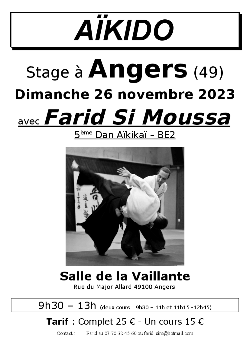 Affiche du Stage d'Aïkido à Angers animé par Farid Si Moussa le dimanche 26 novembre 2023
